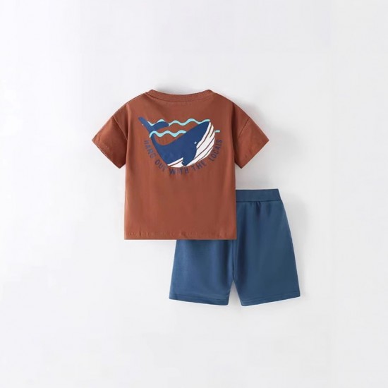 2025 summer new cotton children's short-sleeved European and American style cartoon T-shirts and shorts for boys