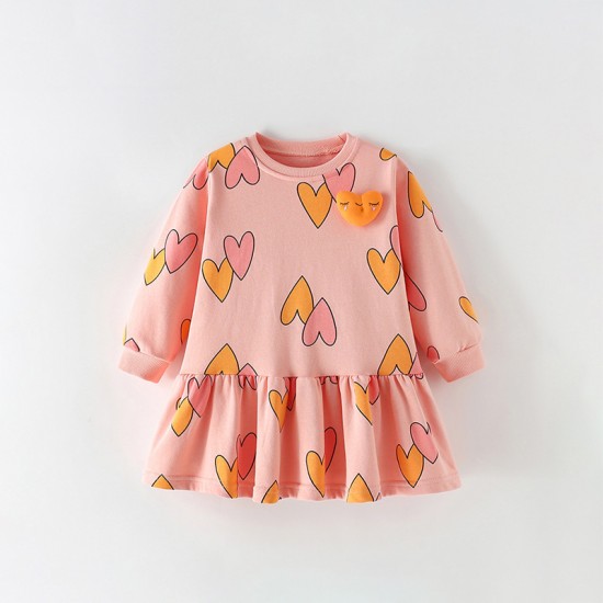 New autumn styles for girls, including European and American children's casual round-neck long-sleeved printed dresses.