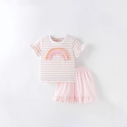 New summer styles for girls, including 2025 new short-sleeved children's summer striped T-shirts, stylish thin two-piece suits.