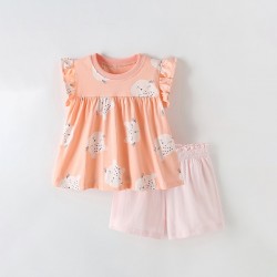 Girls' skirts, new summer European and American style children's clothing, cartoon girls' cotton short-sleeved patch princess dress