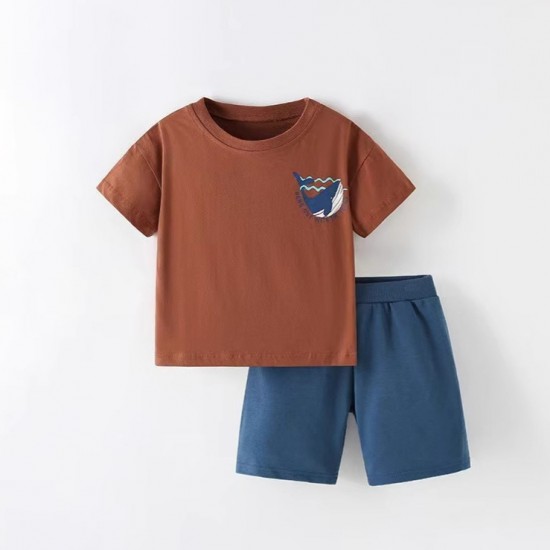 2025 summer new cotton children's short-sleeved European and American style cartoon T-shirts and shorts for boys